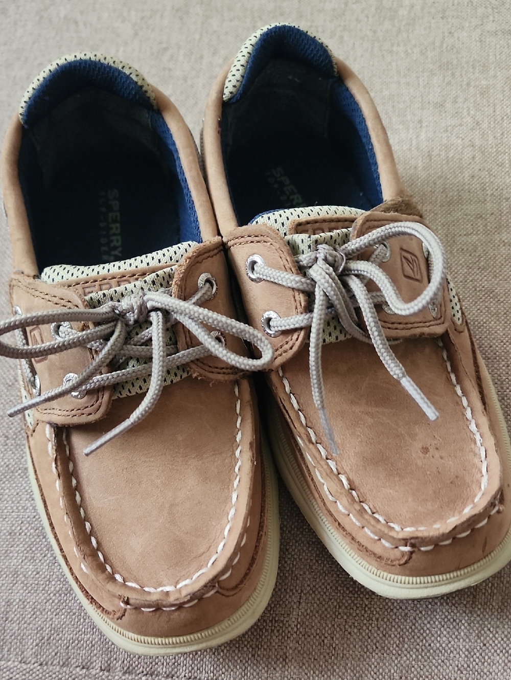 Sperry Kids Tan Moccasin Boat Shoes with Navy Lining